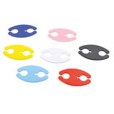 A set of cable organisers in blue, yellow, red, pink, white, black, and light blue, featuring a logo.