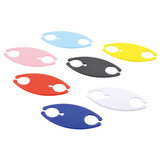 A set of cable organisers in pink, blue, yellow, black, red, white, and blue, featuring a branding logo.