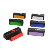 A selection of mobile stands in various colours: orange, green, black, white, red, and purple, featuring a logo.