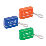 A set of three earbuds cases in orange, blue, and green, each with a clip attachment and a logo.