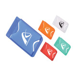 A set of four phone wallets in blue, orange, red, green, and white, featuring various logos on the front.