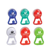 A collection of six colourful phone holders in blue, green, red, and white, each with a branding logo.