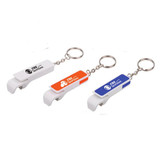 A drink bottle opener keychain in white, orange, and blue, featuring a logo on each.