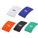 A set of five business card holders in white, blue, orange, black, and green, featuring a logo on each.