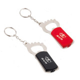 A drink bottle opener with light, featuring black and red colour options, attached to keyrings. It has a logo.