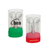 A manicure set featuring scissors and tools, enclosed in a clear case with green and red bases.