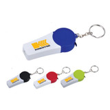 A tool set featuring a keyring with a whistle in blue, black, green, and red colours. It has a logo on it.