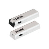 A mobile stand in silver, featuring a built-in light and screen cleaner, with a logo on its side.