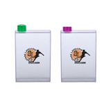 A drink bottle set featuring two transparent flasks with green and purple caps, each displaying a logo.