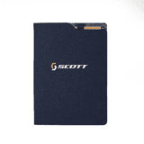 A navy blue notebook with a subtle texture and a logo on the front cover. It has a pocket for cards or notes.