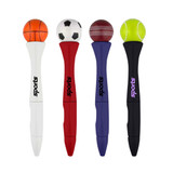 A collection of four fidget spinner pens featuring a basketball, soccer ball, cricket ball, and tennis ball design in various colours.