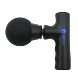 A black massage gun with a round attachment and a textured grip, featuring a logo on the handle.