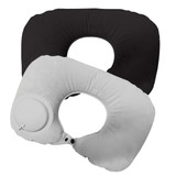 Two inflatable neck pillows in black and white, featuring a circular valve and a smooth texture.