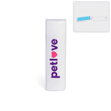 A white lint remover with a blue roller, featuring a branding logo. Ideal for pet hair removal.