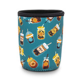A drink bottle sleeve featuring a teal background with colourful illustrations of beverages and a logo.