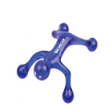 A blue massager designed in a playful, human-like shape with rounded ends and a logo.