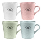 A drink cup set featuring four reusable cups in white, pink, green, and blue with a logo on each.