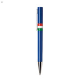 A blue plastic pen with a clip and a decorative band featuring red, white, and green colours.
