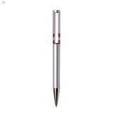 A plastic pen in silver with red accents and a shiny silver clip, featuring a logo on the barrel.