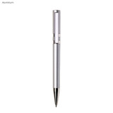 A metal pen in silver aluminium with a sleek design and a logo on the barrel.