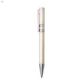 A plastic pen in cream and silver. The pen features a metallic clip and a sleek design.