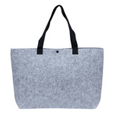 A grey felt tote bag with black straps and a single button closure. It features a logo on the front.