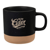 A 350ml artisanal ceramic coffee mug in black with a tan base, featuring a logo on the side.