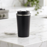 A drink bottle with a sleek black exterior and a stainless steel rim, featuring a lid and a logo.