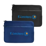 A Neoprene laptop sleeve featuring two colours: black and navy, with a logo on the front. 