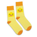 A pair of yellow knitted socks featuring a playful duck design with an orange band and zigzag pattern.