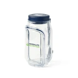 A clear salad jar with a blue lid and a fork attached, featuring a logo on the front.
