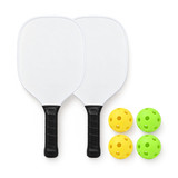 A pickleball set featuring two paddles with black grips and four balls in yellow and green.