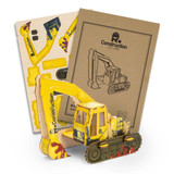 A yellow excavator wooden model kit with printed components and assembly instructions, presented in a kraft packaging.