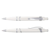 A white plastic pen with silver accents, featuring a clip and a smooth writing tip, plus an additional view of the same pen.