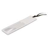 A bookmark magnifier in white with a transparent lens and a brown ribbon attachment. It features a ruler along one edge.