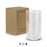 A double wall glass in clear with a light brown box. The glass features a logo and has a sleek design.