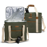 A green cooler bag with a silver insulated interior, featuring cream straps and a logo.