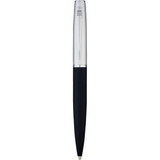 A metal ballpoint pen with a silver finish and a black grip, featuring a logo on the body. A metal ballpoint pen with a silver finish and a black grip, featuring a logo on the body.