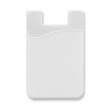 A white silicone phone wallet with a curved design and a slot for cards. It features a subtle logo. A white silicone phone wallet with a curved design and a slot for cards. It features a subtle logo.