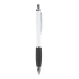 A ballpoint pen with a white barrel, black grip, and a silver clip. It features a branding logo on the barrel.