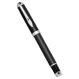 A carbon fibre rollerball pen with a sleek black design and silver accents, featuring a logo on the body. A carbon fibre rollerball pen with a sleek black design and silver accents, featuring a logo on the body.