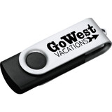 A black and silver USB flash drive with a logo. Suitable for personal or business use.