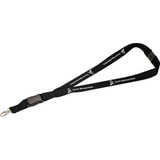 A black lanyard with a clip, featuring a logo and text along its length, suitable for events and exhibitions.