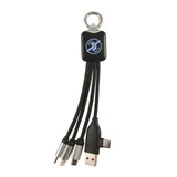 A charging cable with a black housing and three different connectors, featuring a keychain attachment. A charging cable with a black housing and three different connectors, featuring a keychain attachment.