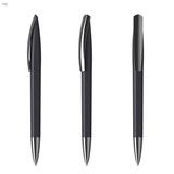 A set of three black metallic pens with silver accents and a logo. A set of three black metallic pens with silver accents and a logo.