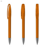 Three transparent orange plastic pens with silver tips, featuring a clip at the top.