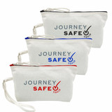 A set of three canvas cosmetic bags in white, featuring zippers in black, red, and blue, each with a logo.