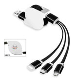A retractable charging cable in black and white, featuring multiple connectors for different devices. Includes a logo.