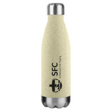 A drink bottle in light beige with a stainless steel cap and a logo printed on the front.