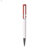 A plastic pen with a white body and red accents, featuring a silver clip and tip, and a logo on the surface.